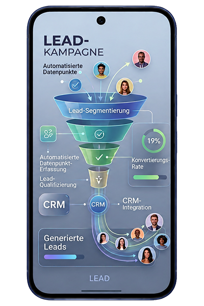 Lead-Kampagne — Funnel-Segmentierung, automatisierte Daten­punkte, CRM-Integration